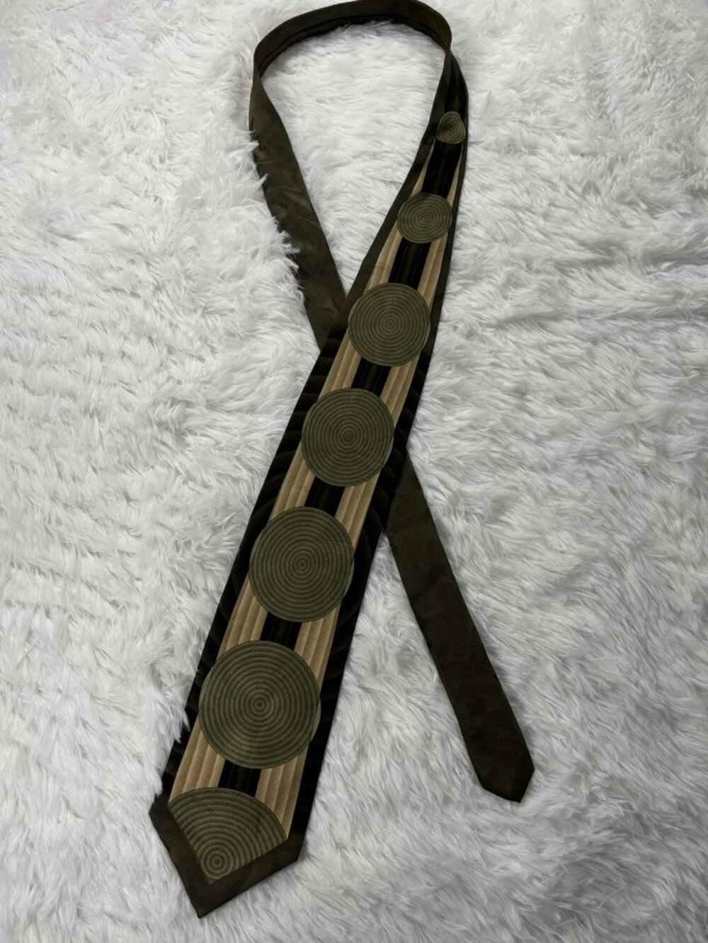 Vintage Olive Khaki Silk Concentric Circle Opt Art Wide Blade Tie 4x59